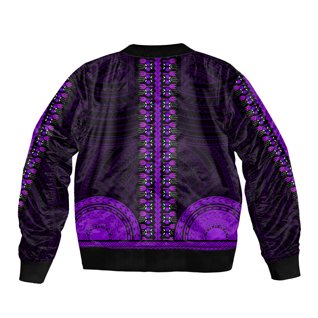 Unisex purple bomber jacket back view with vertical tribal panel and ribbed cuffs