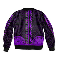 Unisex purple bomber jacket back view with vertical tribal panel and ribbed cuffs