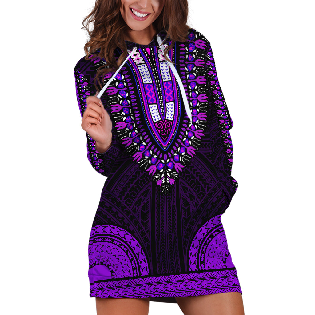 African Dashiki Hoodie Dress With Polynesian Pattern - Purple - Wonder Print Shop