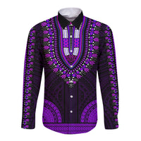 Purple dashiki long-sleeve button shirt with V-neck and Polynesian-style tribal pattern