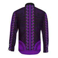 Purple dashiki long-sleeve button shirt, back view, vertical tribal pattern with trim