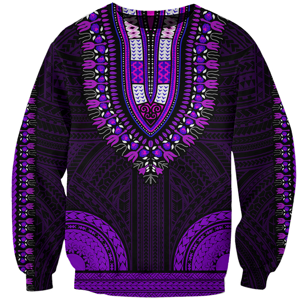 Purple crewneck sweatshirt with bold dashiki-style tribal pattern, long sleeves
