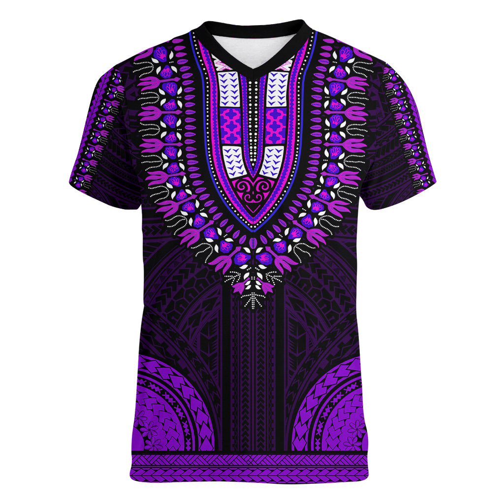 african-dashiki-women-v-neck-t-shirt-with-polynesian-pattern-purple