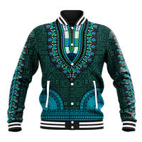Teal dashiki-pattern baseball jacket with V-stitch design, button front, striped collar