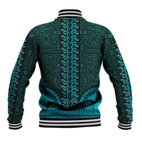 Teal dashiki-pattern baseball jacket back with vertical trim and striped ribbed cuffs