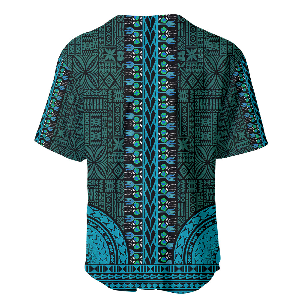 Teal dashiki baseball jersey, full back with geometric and tapa patterns