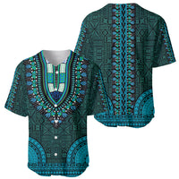Teal dashiki baseball jersey, side/front view with V-neck trim and geometric tapa print