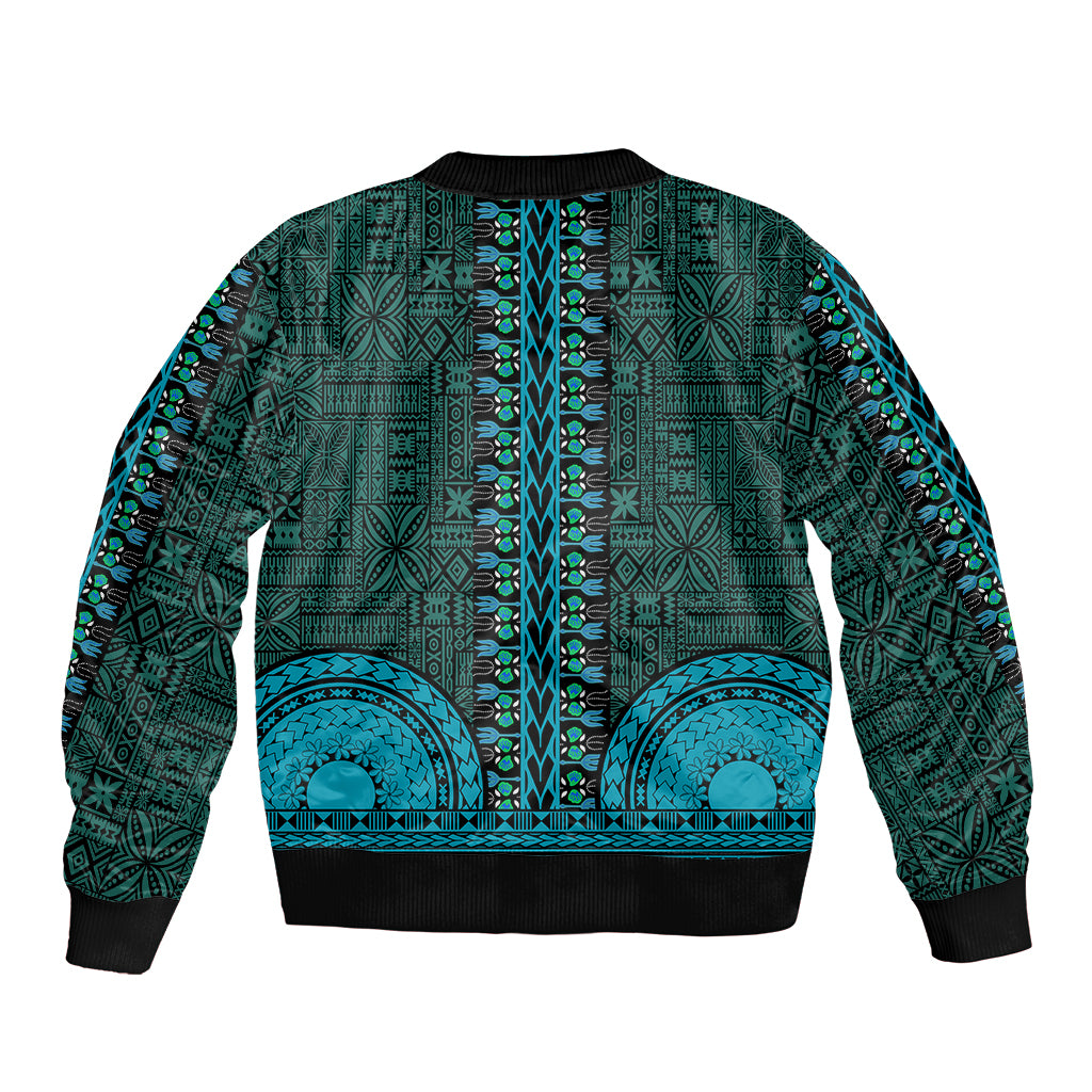 Teal bomber jacket with all-over tapa pattern, vertical embroidered stripe, and ribbed hem.