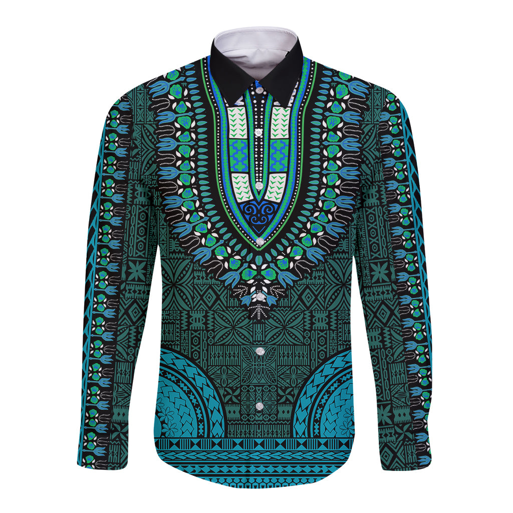 Teal long-sleeve button shirt with V-neck tapa dashiki pattern