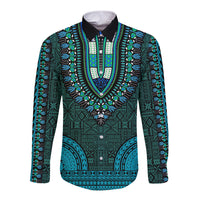 Teal long-sleeve button shirt with V-neck tapa dashiki pattern
