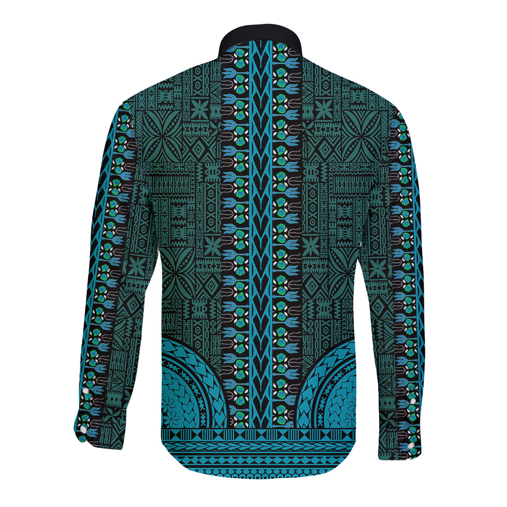 Back teal long-sleeve button shirt with vertical tapa dashiki pattern