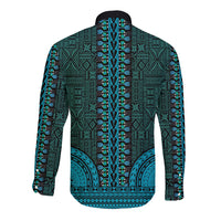Back teal long-sleeve button shirt with vertical tapa dashiki pattern