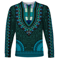 Teal dashiki long-sleeve shirt with V-neck and bold tapa-style geometric pattern