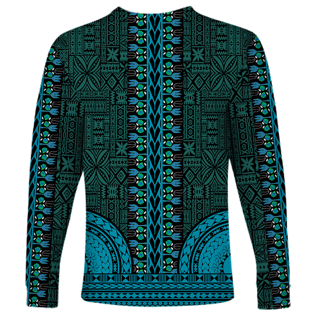 Teal dashiki long-sleeve shirt with vertical stripe panel and tapa-style geometric print
