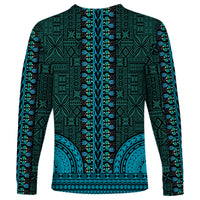 Teal dashiki long-sleeve shirt with vertical stripe panel and tapa-style geometric print