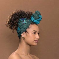 Teal Dashiki and Tapa Pattern Simple Headwrap Africa and Polynesia Together Culture