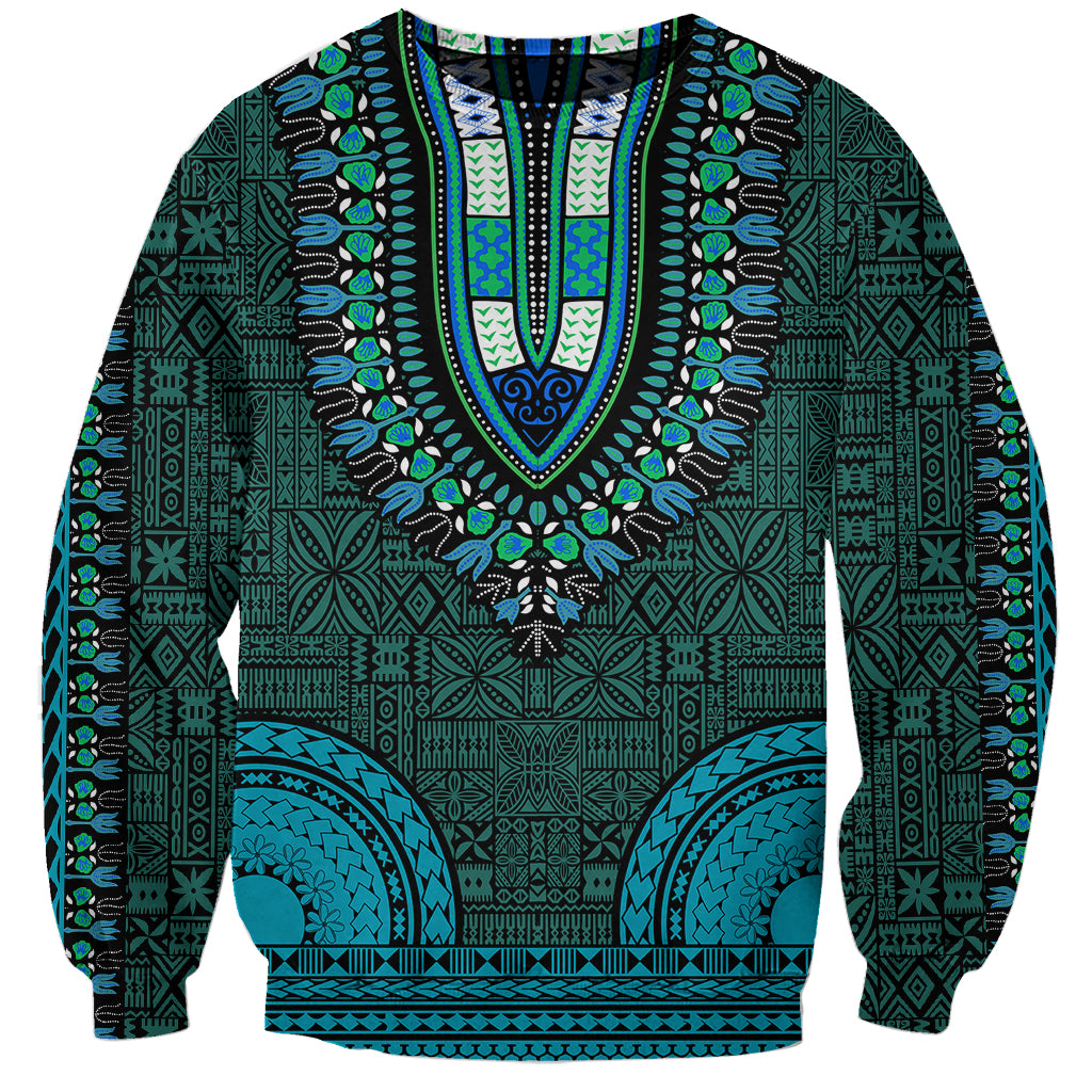 Teal dashiki sweatshirt with V-neck and ornate tapa-style pattern, long sleeves