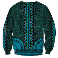 Teal dashiki sweatshirt back with vertical V-panel and ornate tapa-style pattern, long sleeves