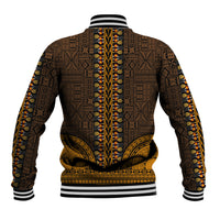 Unisex African dashiki baseball jacket, dark brown back with vertical tapa stripe and rib cuffs