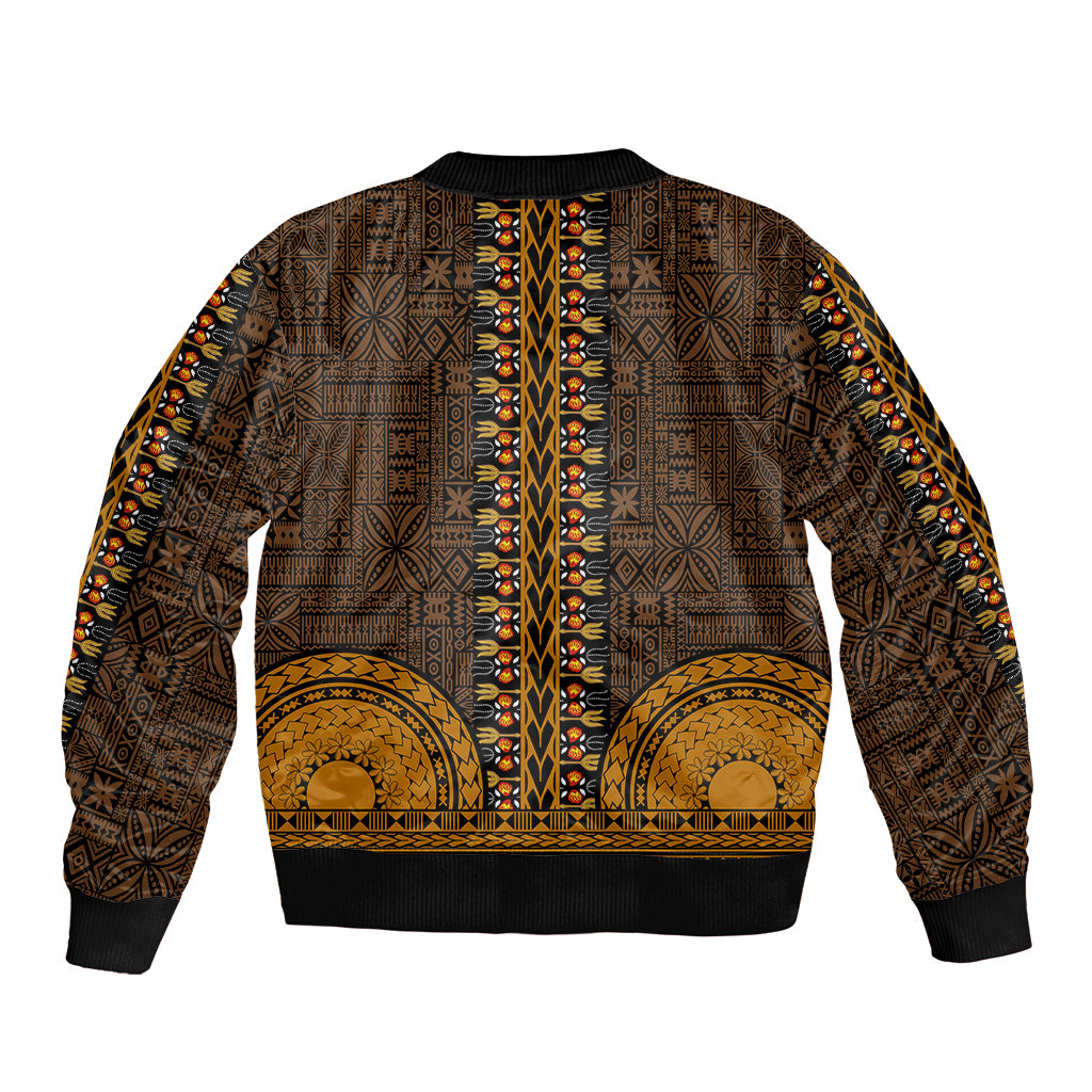 Unisex bomber jacket with gold tapa-inspired pattern, ribbed hem and cuffs