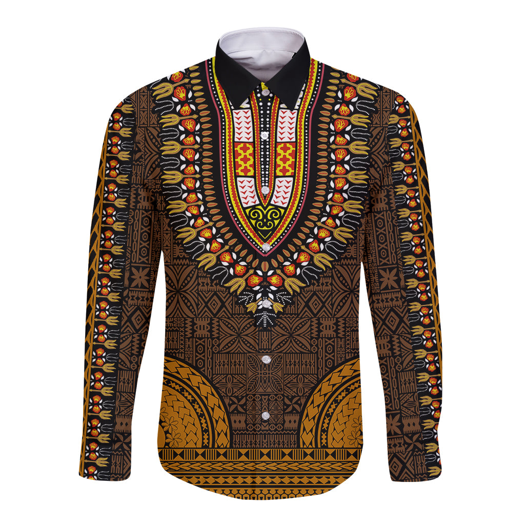 Gold and dark brown dashiki button-up shirt with long sleeves and V-neck tapa pattern