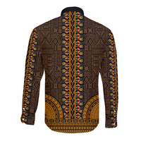 Gold and dark brown dashiki button-up shirt, back view, long sleeves with tapa trim