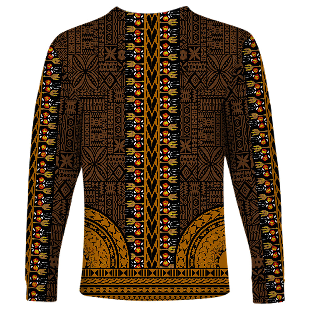 Long-sleeve dashiki shirt back view in gold and black with vertical trim