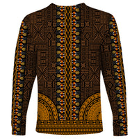 Long-sleeve dashiki shirt back view in gold and black with vertical trim