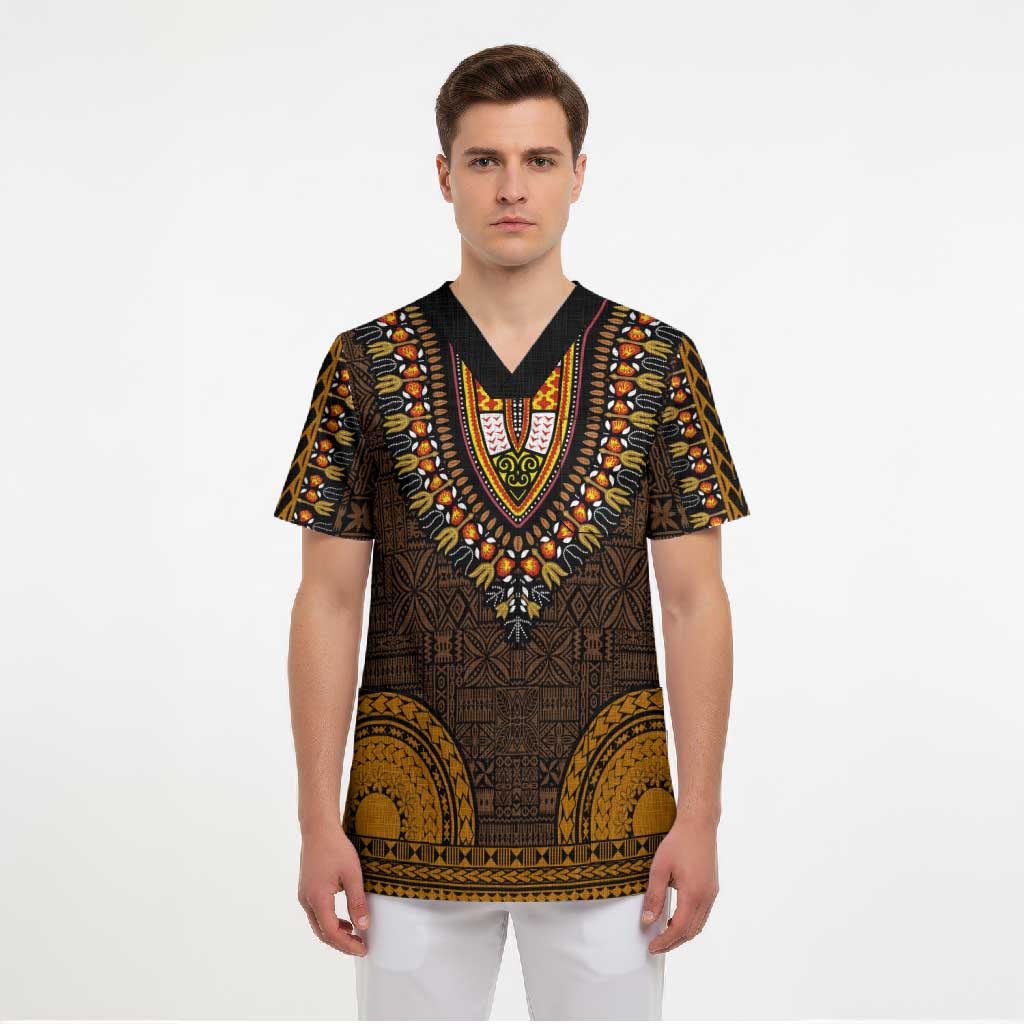 Gold Dashiki and Tapa Pattern Scrub Top Africa-Polynesia Together Culture