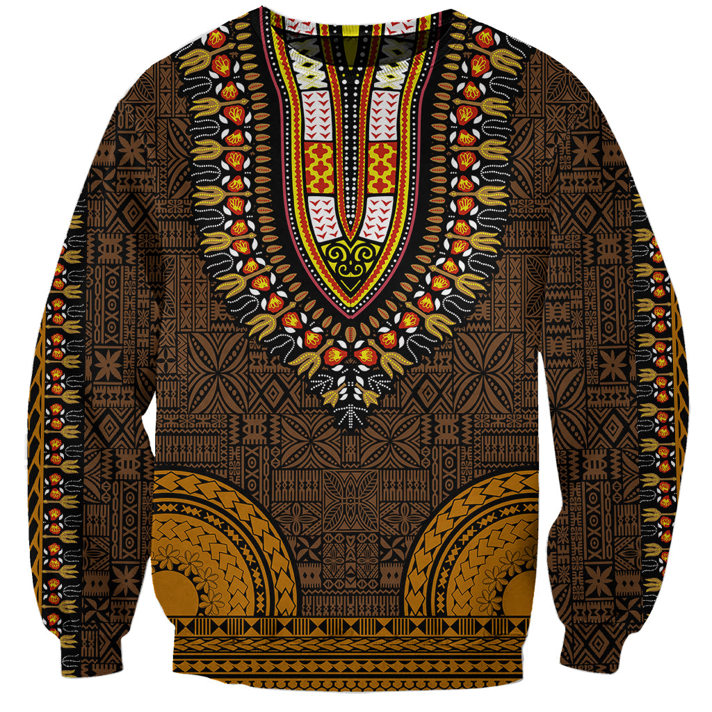 Unisex dashiki sweatshirt in dark brown with gold tapa pattern, long sleeves