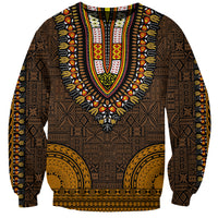 Unisex dashiki sweatshirt in dark brown with gold tapa pattern, long sleeves