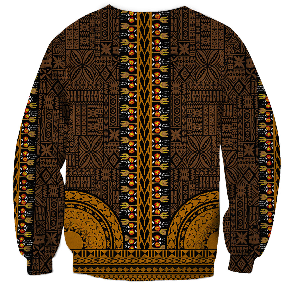 Unisex dashiki sweatshirt back, dark brown with gold tapa stripe details, long sleeves