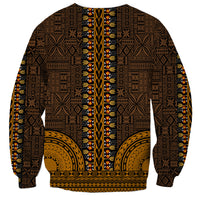 Unisex dashiki sweatshirt back, dark brown with gold tapa stripe details, long sleeves