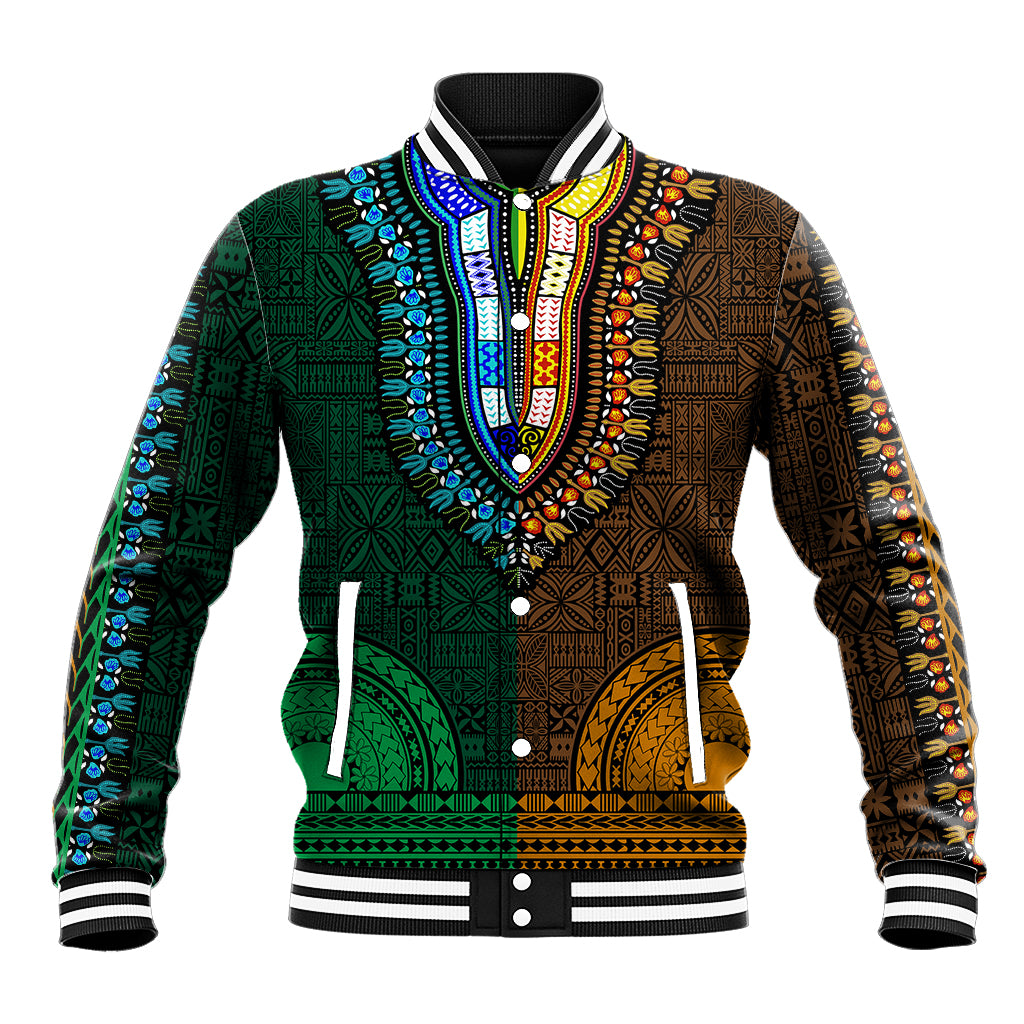 Two-tone dashiki baseball jacket with patterned front panels, ribbed collar and cuffs