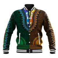 Two-tone dashiki baseball jacket with patterned front panels, ribbed collar and cuffs
