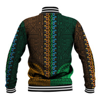 Two-tone dashiki baseball jacket back view with patterned panels, ribbed collar and hem
