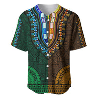 Green-and-gold dashiki baseball jersey with tapa-style V-neck, button front