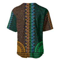 Green-and-gold dashiki baseball jersey, V-neck back view with tapa band trim