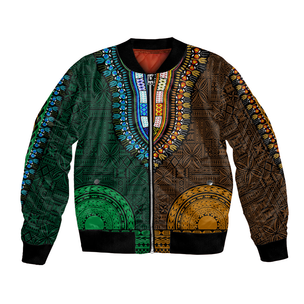 Green and gold bomber jacket with tapa/dashiki pattern, ribbed cuffs and hem