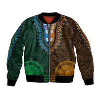 Green and gold bomber jacket with tapa/dashiki pattern, ribbed cuffs and hem