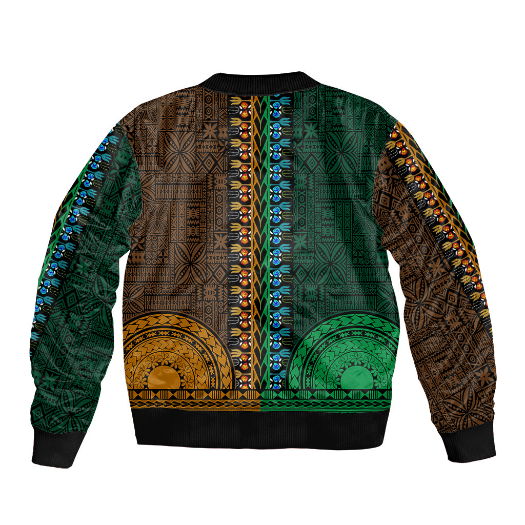 Green and gold bomber jacket, back panel with tapa/dashiki motifs and ribbed hem