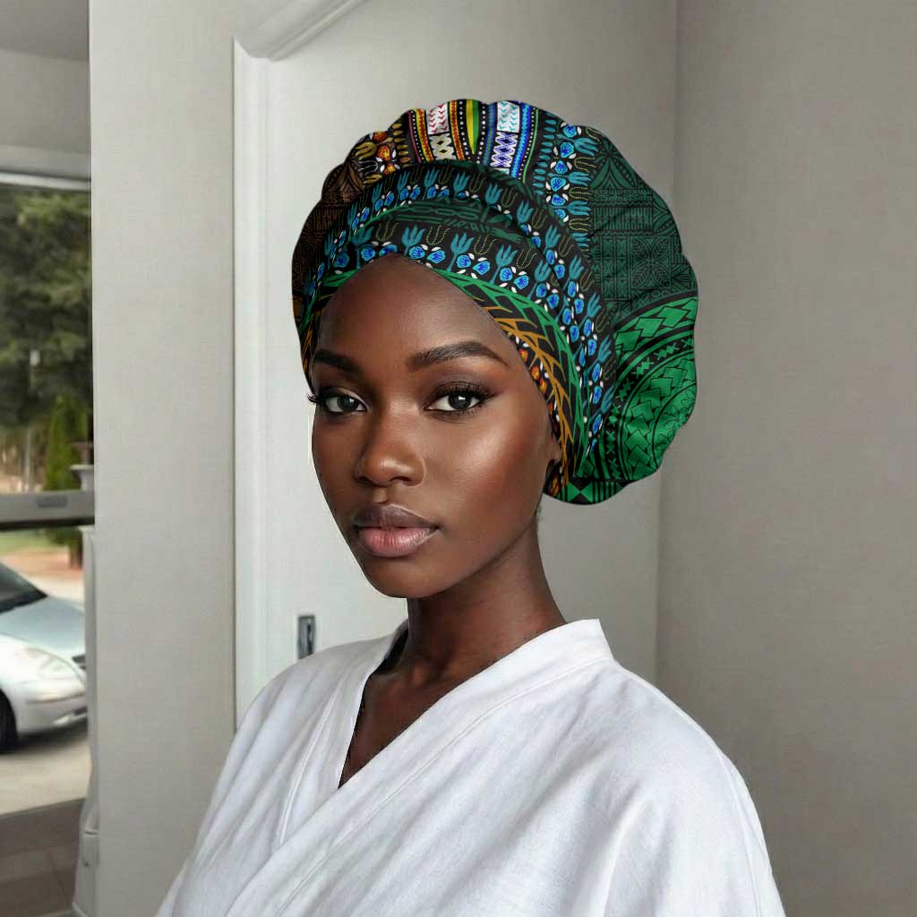 Green-gold Dashiki and Tapa Pattern Easy Headwrap Africa and Polynesia Together Culture