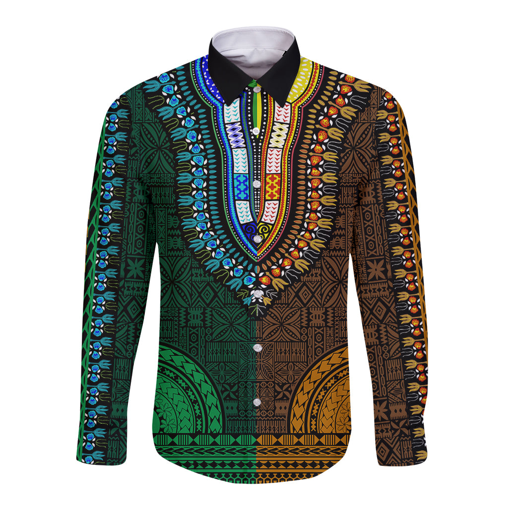 Unisex long-sleeve dashiki button shirt, green and gold with blue motifs, V-neck