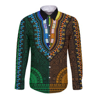 Unisex long-sleeve dashiki button shirt, green and gold with blue motifs, V-neck