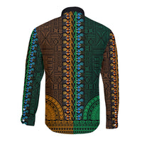 Unisex long-sleeve dashiki button shirt back, green and gold panels with blue trim