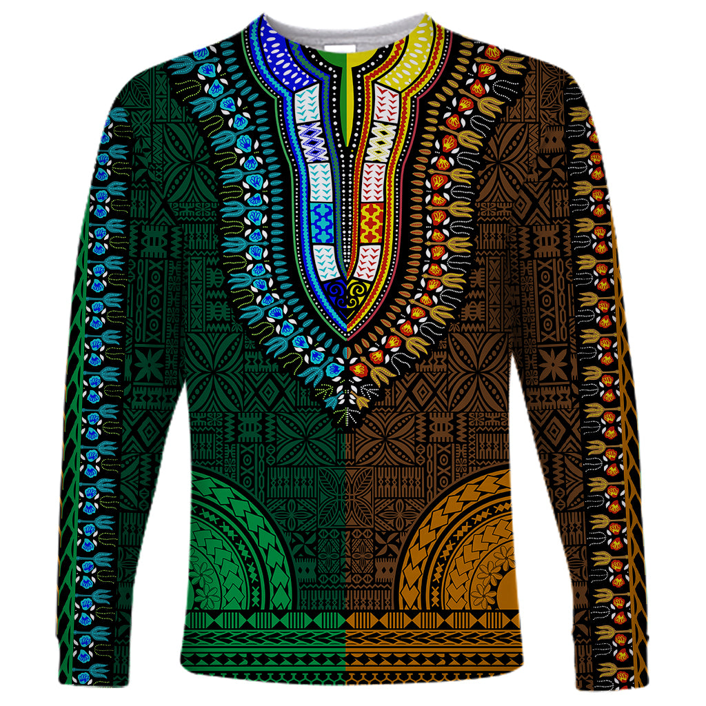 Green and gold V-neck long-sleeve dashiki shirt with blue Tapa-style geometric pattern