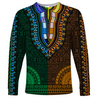 Green and gold V-neck long-sleeve dashiki shirt with blue Tapa-style geometric pattern