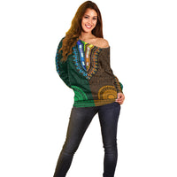 Women’s off-shoulder dashiki sweater with V yoke detail, green and gold patterned sleeves