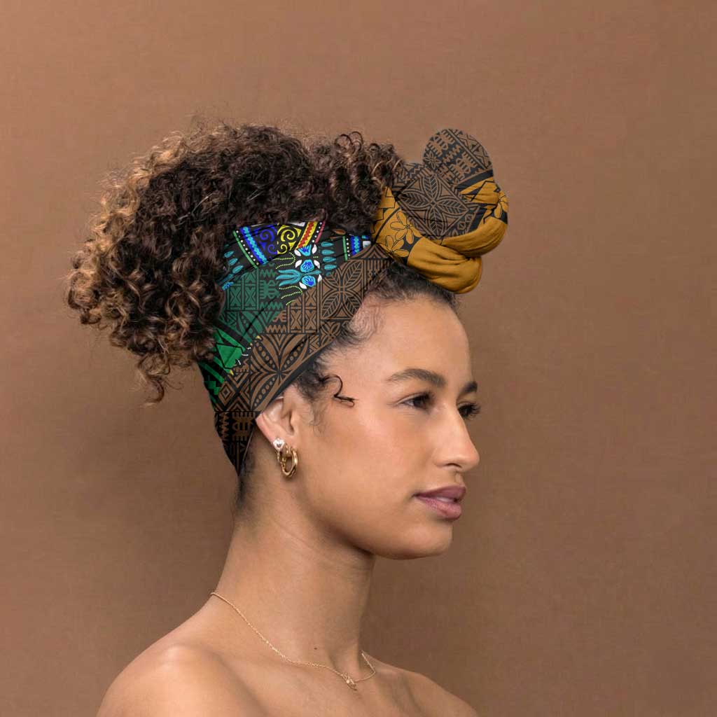 Green-gold Dashiki and Tapa Pattern Simple Headwrap Africa and Polynesia Together Culture