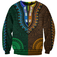Unisex dashiki-style sweatshirt with green, gold, blue tapa pattern and V-neck trim